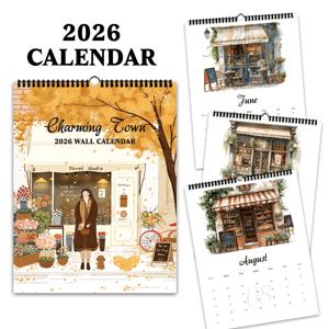 TEMU 1개, 2026 벽걸이 달력, 핸드페인팅 일러스트 힐링 플라워샵 시리즈, 12가지 다양한 정교한 패턴, 2026 벽걸이 달력, 12개월 월간 플래너, 생일, 크리스마스, 새해 선물로 완벽한 선택, 미국 버전 포함