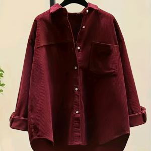 TEMU 여성용 코듀로이 셔츠, 캐주얼 버튼업, 레이어드 스타일, 루즈핏, 통기성 소재, 긴 소매, 봄, 가을, 겨울용 다용도 버튼업 탑, 여성 패션, 오피스 캐주얼