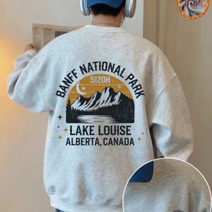 TEMU 2025년 청소년 트렌디 플리스 크루넥 스웨트셔츠 남녀공용, Banff National Park Lake Louise 프린트, 따뜻하고 넉넉한 핏의 캐주얼 탑, 가을, 겨울에 커플에게 완벽