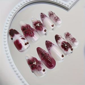 TEMU 프렌치 플로럴 프레스온 네일 - 여성용 광택 보라 & 핑크 꽃무늬 아몬드형 네일 익스텐션, 쉬운 적용 살롱 퀄리티 매니큐어, 웨딩, 파티, 캐주얼 웨어용 - 프렌치 팁 네일 아트 꽃무늬