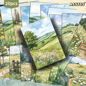 TEMU 20팩 ASSTSS 빈티지 수채화 메도우 인사말 카드 - 4x6 인치 레트로 플로럴 스크랩북 용지, 메도우, 데이지 & 루핀 일러스트, 시골 풍경 - 잡지 저널, 공예 및 DIY 카드 만들기용 무료 페이지