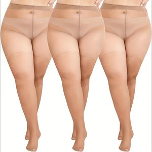 TEMU 여성용 플러스 사이즈 180파운드 시스루 타이츠 3켤레 - 울트라씬 하이웨이스트 롱 스타킹, 강화된 발가락 부분, 통기성 메쉬 디자인, 하루 종일 편안함, 솔리드 컬러, 손세탁 전용, 플러스 사이즈 타이츠, 편안한 신발, 하이웨이스트