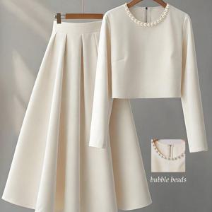 TEMU 우아한 여성 투피스 세트 | 긴소매 진주 장식 탑 + 플리츠 스커트 | 파티 및 공식 행사에 적합