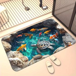 TEMU 1개 거북이 & 물고기 연못 러그 - 욕실, 침실, 거실용 미끄럼 방지 소프트 마이크로파이버, 거북이 & 물고기 수영 연못 디자인, 세탁 가능 폴리에스터 바닥 매트