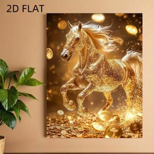 TEMU 2D 평면 황금 돈 & 부 벽 예술 포스터 - 12x16 인치 반짝이는 질주하는 말 & 황금 - 현대적인 무테 캔버스 프린트, 홈 오피스 장식에 적합, 비즈니스 사람들을 위한 성공 선물, 2D 평면, 방 장식에 완벽