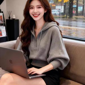 TEMU 가을 겨울용 여성용 코튼 후드 반지퍼 긴팔 풀오버 스웨터, 고급 허리 슬림 연령감소 소프트 왁스 스웨터