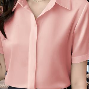 TEMU 여성용 경량 반투명 버튼업 셔츠 - 통기성 폴리에스터 반팔 블라우스, 클래식 칼라, 여름 통근 및 캐주얼 착용용 정상 핏, 모든 사이즈 (XX S-XXL), 다용도 패션, 우아한 디자인, 부드러운 질감