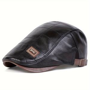 TEMU 1 남성용 PU 가죽 JAMONT 라벨 베레모, 패셔너블 조절 가능 캐주얼 모자, 야외 여행, 가을 겨울, 비치 파티용