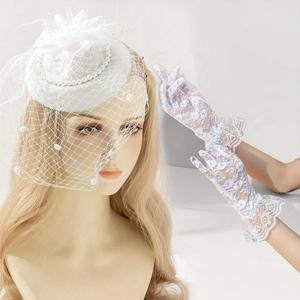 TEMU 2개 세트 (메시 모자 1개, 진주 깃털 장식 및 레이스 장식 풀 핑거 장갑 1켤레 포함)