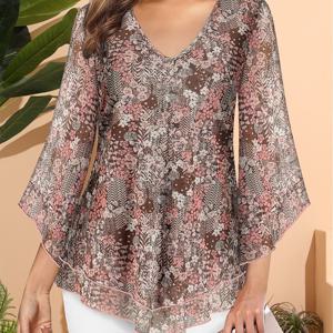 TEMU V넥, 이중 레이어 신축성 메쉬, 캐주얼한 플로우디 디자인, 플리츠 7-포인트 플레어 소매, 그리고 신축성 있는 허리 라인 토픽의 여성용 정장 셔츠