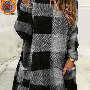 TEMU 여성용 따뜻하고 편안한 미디 길이의 두꺼운 플러시 라운지웨어, 긴소매 및 클래식 체크무늬