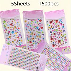TEMU 1600개 자체 접착 라인스톤 스티커 시트 - 멀티 컬러 보석 장식 데칼, 하트, 꽃, 별, 점 모양, 미술, 공예, 메이크업, 네일 아트용