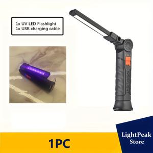 TEMU 1/2개 USB 충전식 UV 작업등, 접이식 핸즈프리 손전등, 휴대용 미니 UV 토치, 4가지 모드 자외선 램프, 마그네틱 베이스 & 후크 디자인, 애완동물 소변 검출기, 전갈 포획 등에 적합