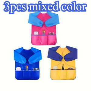 TEMU 3개 플립 아웃 아트 앞치마 | 브릴리언트 블루, 핑크, 옐로우, 긴소매 뒤집어 쓰기, 3개 포켓 - 페인팅 및 수공예에 적합 | 폴리아미드, 세척 용이, 재사용 가능