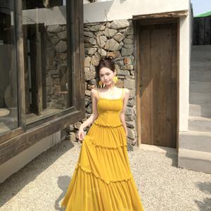 TEMU 여성의 우아한 노란색 티루 러플 드레스 - 소매 없는, 사각형 목, 흐르는 A라인 실루엣, 휴가 및 공식 행사에 완벽한, 공식 행사 의상|우아한 소매 없는 드레스|폴리에스터 원단|민소매원피스