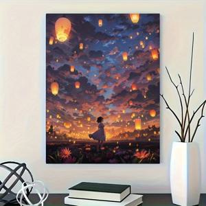 TEMU 5D 페인팅 - 원형 드릴 - 프레임 없음 - 5D 애니메이션 테마 페인팅 키트 | 원형 드릴 아트 | 풀 드릴 캔버스 | DIY 핸드메이드 세트 | 평온한 랜턴 장면 일러스트레이션 | 홈 벽 장식 | 초보자