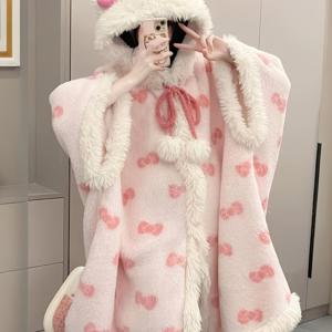 TEMU 귀여운 만화 리본 플러시 후드 가운, 할로윈 크리스마스 카니발 음악 축제 가면무도회 파티용 두꺼운 플란넬 보온 코스프레 의상