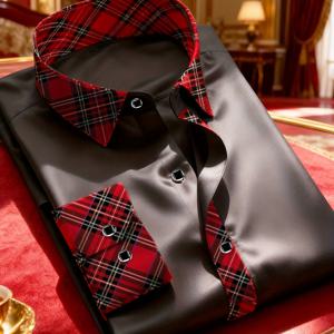 TEMU 남성 패션 비즈니스 드레스 셔츠 - 체크 패치워크, 슬림핏, 폴리에스터 소재, 사계절 착용, 기계 세탁 가능, 120g/m² 원단 무게, 약간의 신축성, 스프레드 칼라 넥라인, 가정 모임 및 친구, 가족과의 사교 활동용