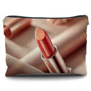 TEMU 1개 여성용 휴대용 리넨 메이크업 파우치 - 복숭아 립스틱 디자인, 재사용 가능한 지퍼 화장품 케이스, 여행 및 일상용 컴팩트 정리함, 크리스마스/새해용 (리넨, 스타일리시 & 기능성)