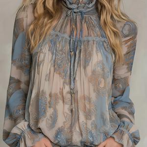 TEMU 봄/여름 신상 빈티지 반투명 스타일리시 프린트 스몰 스탠드 칼라 긴소매 셔츠 [ZLLZ]