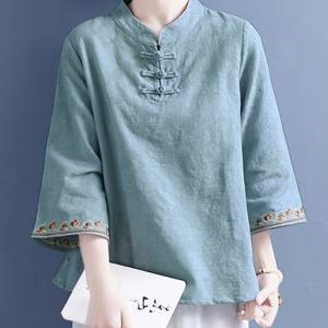 TEMU 새로운 중국 스타일 자수 여성 셔츠, 통기성 혼방 반팔 탑, 편안한 중국 민족 스타일 미드 슬리브 여성 셔츠, 탕 슈트 여성 셔츠, 휴가 착용에 적합|린넨|여름블라우스