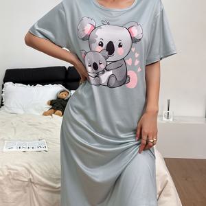 TEMU 여성용 코알라 프린트 나이트드레스 - 긴 기장 수면복, 귀여운 코알라 & 하트 프린트, 부드럽고 통기성 좋은 침구, 세탁기 사용 가능, 사계절 편안한 여성용 수면복