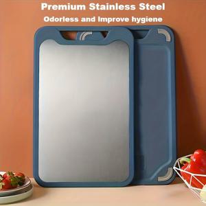 TEMU 스테인리스 스틸 양면 도마 - 미끄럼 방지 주방 도마, 걸이 구멍 포함, 세척 쉬움 & 내구성, 식품 등급 다기능 도마, 고기, 채소, 과일, 가정 요리용, 세련된 디자인, 고품질 소재, 미리 준비 요리용