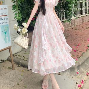 TEMU 여성용 글로시 자카드 꽃 치프론 미디 드레스 - 로맨틱한 사각형 목, 짧은 소매, 허리 cinched, 여름 컬렉션, 플러스 사이즈, 핑크 꽃 프린트와 흰색 장미와 녹색 잎, 봄 패션, 꽃 프린트 드레스|쉬폰원피스