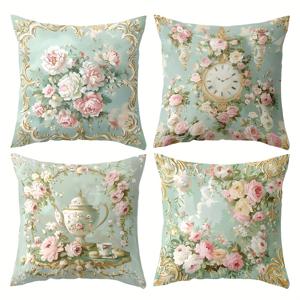 TEMU 4개 세트, 소파 베개 커버, 로코코 레트로 스타일 꽃무늬 벽지 베갯잇, 17.7인치 * 17.7인치, 단면 인쇄, 홈 , 소파 요추 지지 커버, 베개 안감 없는 베개 커버