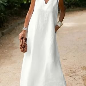 TEMU 여성을 위한 새로운 스타일리시한 V넥 민소매 원피스. 데일리 출퇴근에 완벽하며, 단색과 우아한 미디 길이 디자인을 특징으로 합니다.|인견원피스