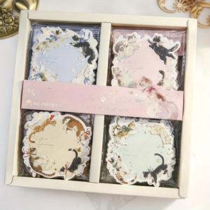 TEMU 고양이 테마 엠보싱 포일 스티커 노트 4개 세트 - 빈티지 꽃무늬 및 풍경 디자인, 골드 액센트, 파스텔 컬러, 다양한 모양(직사각형, 타원형, 원형), 사무용, 일기장용, 고양이 애호가를 위한 선물, 우아한 베벨 가장자리, 고양이 액세서리|일기장