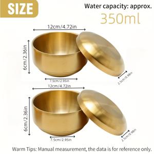 TEMU 1개/2개 SUS304 골드 스테인리스 스틸 뚜껑 포함 볼 세트, 용량: 350ml (사이즈: 12cm/4.72인치), 뚜껑 포함 골드 메탈, 이중 레이어 화상 방지, 이중 레이어 단열 메탈 스낵 볼, 한국 및 일본 주방 및 레스토랑에 적합