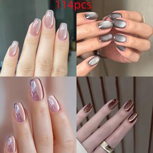 TEMU 114개 솔리드 컬러 캣아이 짧은 착용 가능한 네일, 젤리 접착제와 네일 파일이 포함된 패션 심플 매치 다양한 색상 인조네일, 여성 일상 및 파티용
