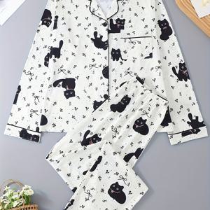TEMU 편안한 검은색 고양이 프린트 파자마 세트 - 긴팔, 버튼업 상의 & 바지, 가정용 착용에 적합, 모든 계절 사용 가능, 성인 크기, 캐주얼 착용 | 재미있는 프린트 | 편안한 착용, 고양이 팬 서비스