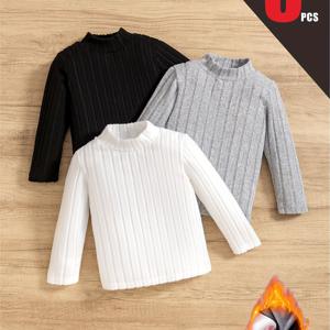 TEMU 3pcs 남아 여아 플러시 솔리드 컬러 니트 터틀넥 베이스레이어, 가을 겨울 일상복 편안한 보온 옷