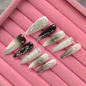 TEMU 10개/세트 순수 수제 웨어러블 네일, 메탈릭 미러 파우더 핸드페인팅 네일 아트 팁, 유럽 & 미국 스타일 인조 손톱