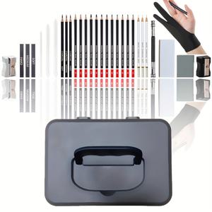 TEMU 드로잉 연필과 컬러링 도구를 포함한 미술 학생 및 초보자를 위한 31개 아트 스케치 연필 세트입니다. 스케치 연필, 이중 레이어 연필 케이스, 숯 연필, 얼룩 방지 장갑, 지우개 등이 특징입니다.|필통