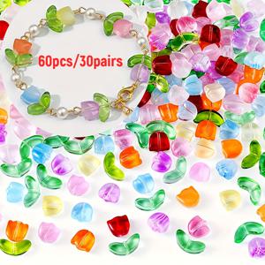 TEMU 60개/30쌍 QYWCTZ 유리 튤립 구슬 - 7mm-14mm 아이 글라스, 귀여운 튤립 모양 DIY 비즈 공예 재료, 주얼리 만들기, 목걸이, 팔찌, 귀걸이, 키체인 및 크리스마스 장식용 (유리 공예 비즈) 30쌍 팩|비즈목걸이