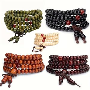TEMU 남성용으로 디자인된 108구의 비즈로 제작된 팔찌 5개 세트 – 8mm 샌달우드 및 블랙 에보니, 수제 나무 비즈 추가