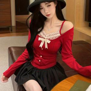 TEMU 봄 가을 캐주얼 긴팔 티셔츠 | 레드 레이스 트림 보우 노트 오프숄더 탑, 숏 기장 및 레귤러 핏.|반팔티|반팔티셔츠