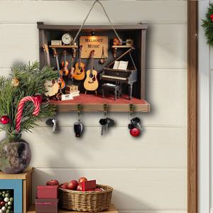 TEMU 2D 디자인의 음악 테마 나무 키 홀더 (4개 후크 포함) - 생생한 기타 및 피아노 디자인의 벽 장식, 현관, 사무실, 거실에 적합하며 크리스마스 및 할로윈 선물로도 좋습니다. 벽걸이 키 랙