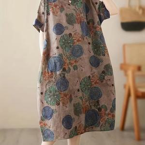 TEMU 여성용 플로럴 프린트 캐주얼 드레스 - 포켓이 달린 반팔 라운드넥, 기계 세탁 가능한 논스트레치 원단, 편안한 핏의 텍스처드 패브릭