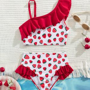 TEMU 귀여운 딸기 프린트 비대칭 숄더 러플 패셔너블 스플릿 수영복