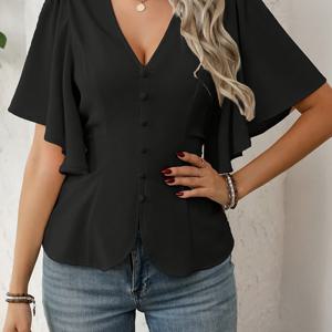 TEMU 여성용 봄 여름 프렌치 스타일 우아한 커뮤터 캐주얼 휴가 솔리드 컬러 V넥 버튼 장식 퍼피 플레어 소매 허리 슬림 A라인 셔츠