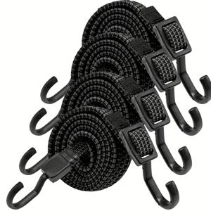 TEMU 후크가 있는 튼튼한 탄성 로프 4개 세트, 40인치 조절 가능한 납작한 번지 코드, 야외 사용, 캠핑, 타프, 자전거 랙, 텐트 및 트럭에 적합한 금속 후크가 있는 검은색 고무 탄성 밴드.