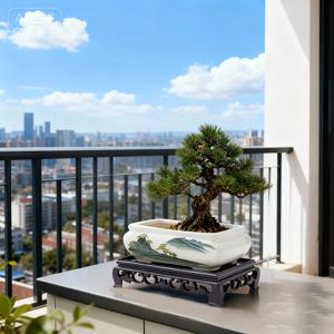 TEMU 1세트 / 2개: 1개 세라믹 화분 + 1개 받침대, 식물 미포함. 우아한 중국식 세라믹 화분, 배수구 포함 - 대형 직사각형, 장식적인 산과 나무 무늬 받침대. 분재, 다육식물, 대나무 장식에 적합. 실내외 사용 가능, 야외 정원용 화분 | 중국식 세라믹 | 기능성 도자기, 야외 식물 재배 용기|화분받침대