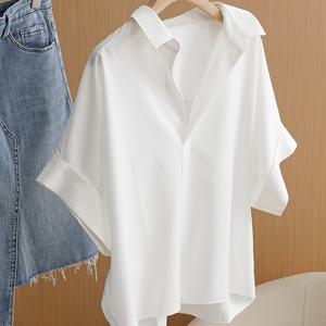 TEMU 여성용 프렌치 스타일 배트윙 V넥 반팔 블라우스 - 여름용 화이트 루즈 배트윙 탑, 봄/여름을 위한 우아한 프렌치 스타일, 캐주얼 & 세미셔츠 (아니요)