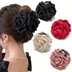 TEMU 세련되고 달콤한 반머리 카멜리아 헤어 클립 4개 세트, 큰 장미 꽃 헤어 액세서리, 우아한 업스타일 및 해변 사진에 적합.
