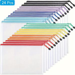 TEMU 24개 A5 무작위 색상 지퍼 문서 가방 핸들 - 사무실, 학교, 장난감, 퍼즐 및 보드 게임용 내구성 PVC 정리함 - 다양한 밝은 색상, 보관 및 여행에 완벽, 지퍼 포켓 가방, 학교 용품, 재미있는 디자인, 안전한 지퍼 잠금|파우치