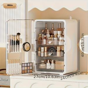 TEMU 접이식 화장품 정리함, 두껍고 튼튼한 플라스틱 제작 - 욕실 세면대, 침대 옆 탁자에 적합한 휴대용 메이크업 수납장, 크림 화이트/화이트/핑크/다크 그레이, 공간 절약형 접이식 디자인, 컴팩트 메이크업 케이스, 향수 정리함